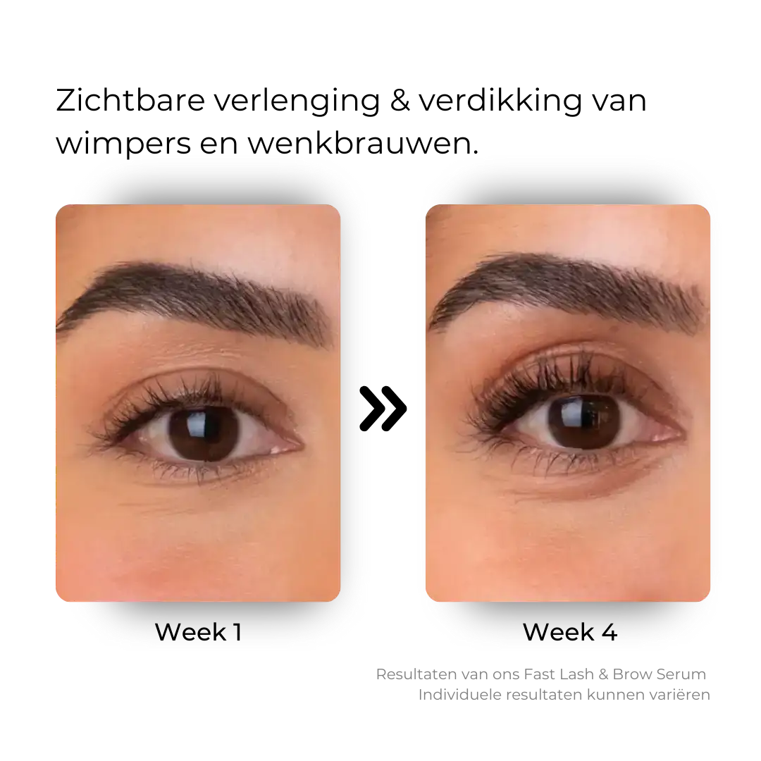 Voor en na resultaat van wimperserum, volle en langere wimpers, close-up van ogen